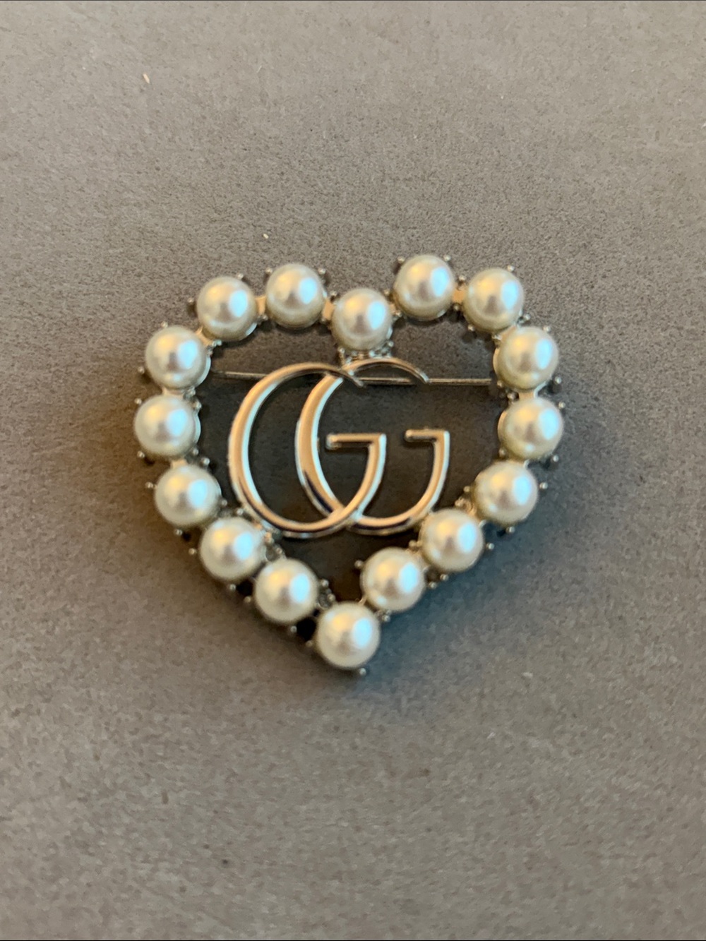 Heart Brooch with Pearl Trim and Gold Double-G
